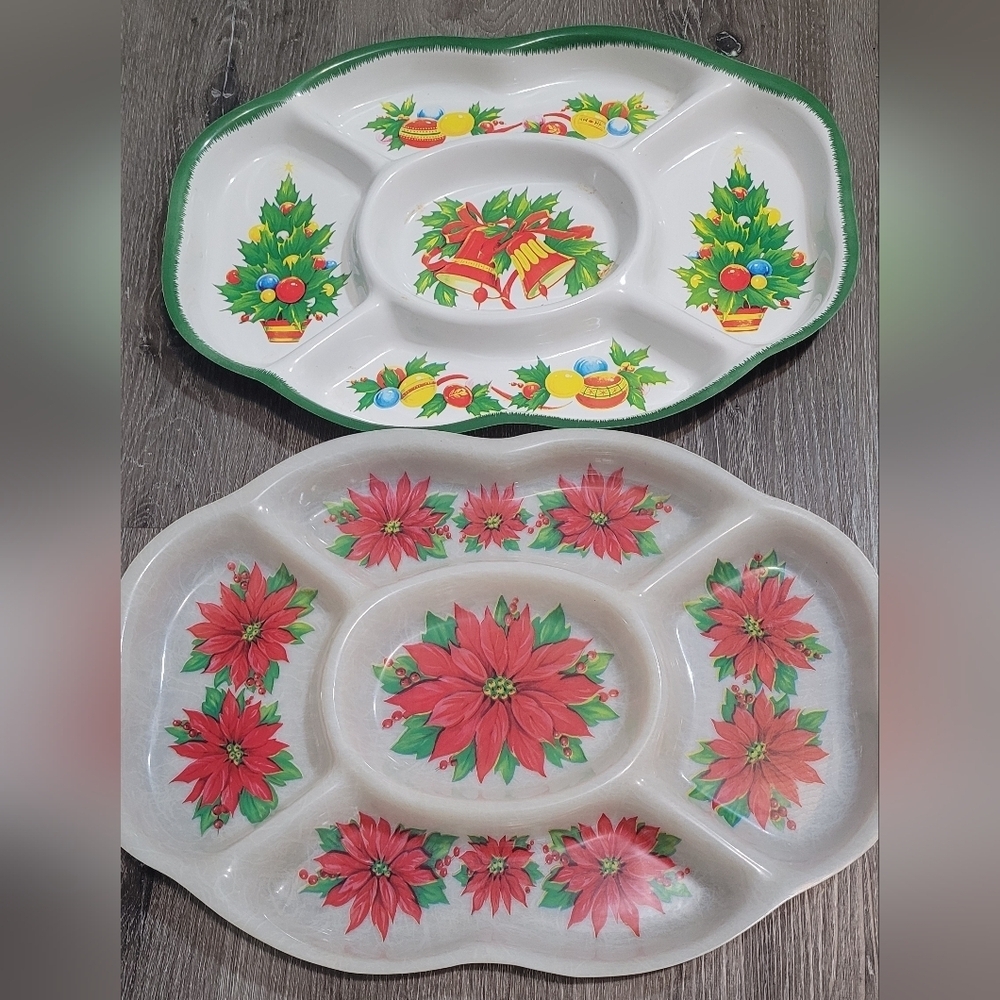 Vintage 1970's Plastic Christmas Divided Serving Trays Set Of 2